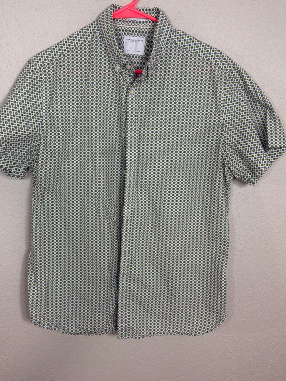 Denim & Flower Men's Green and Navy Geo-Print Short Sleeve Button-Down Shirt